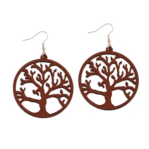 Boucles d'oreilles Arbre de Vie en bois découpé au laser avec crochets argentés