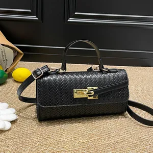 Vintage Gevlochten PU Leren Schoudertas Voor Dames Goud Slot Elegante Handtas Crossbody Vierkante Tas Dagelijks Woon-Werkverkeer Stijlvolle Tas
