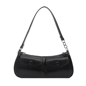 French vintage black glossy PU leather underarm bag with symmetrical front pockets