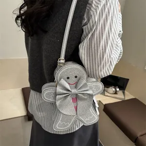Borsa a tracolla omino di pan di zenzero con glitter argento e fiocco grande