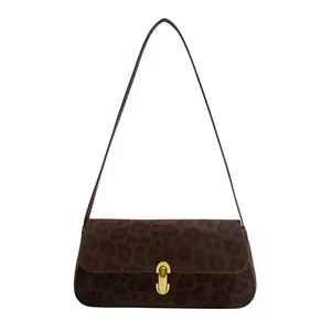 Retro leopard print underarm bag in dark brown with gold metal buckle and leather strap