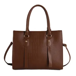 Brown faux crocodile leather tote bag for women with gold hardware and shoulder strap