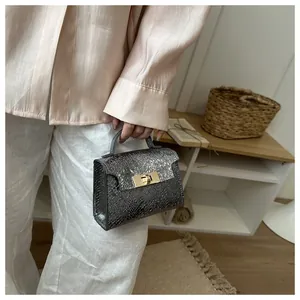 Detail of grey textured small square bag featuring a golden square twist lock