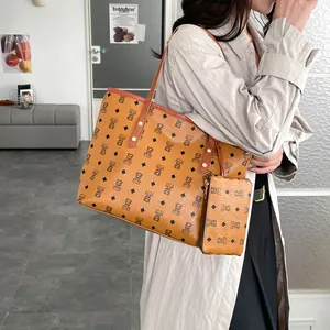 Classic brown tote bag with bear print and small pouch for daily commute style