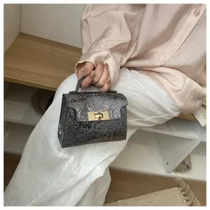 Detail of silver textured mini bag with golden metal twist lock and semi-round handle