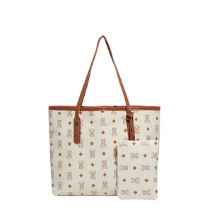 Chic beige tote bag set with brown trim and bear print, large capacity commuter style