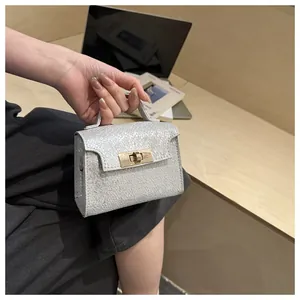 Close-up of silver mini handbag featuring a metallic crackle texture and gold clasp