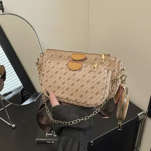 Women's Three In One Crossbody Bag Vintage Monogram Print Small Square Shoulder Bag With Chain Wide Strap Mini Coin Purse