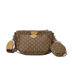 Three-in-one brown crossbody bag set with logo print and detachable wide strap