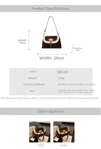 Detail view of plaid wool shoulder bag with dimensions 28x19x9cm and material specs