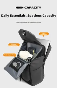 Detail of backpack digital and main compartments with mesh zipper storage bag