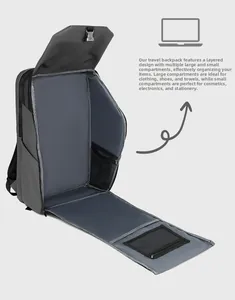 Detailed interior of a grey travel backpack featuring a 180-degree flat opening design