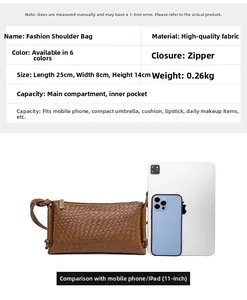 Sac à bandoulière marron tressé avec détails de taille 25x8x14cm et poids de 0,26kg
