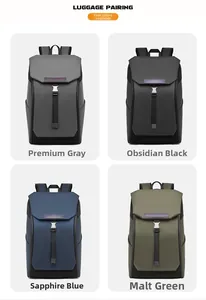 Detail showing four waterproof business backpacks in gray, black, blue, and green colors