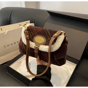 Retro plaid crossbody bag with sheepskin trim in luxury gift box presentation