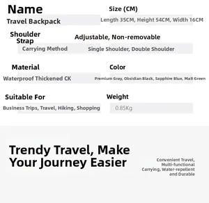 Detailed spec sheet showing 35x54x16cm dimensions and 0.85kg weight for travel backpack