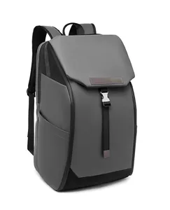 Close-up of waterproof dark gray backpack featuring silver metal buckle and breathable mesh