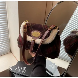 Detailed close-up of retro plaid handbag featuring soft faux fur trim and gold buckle