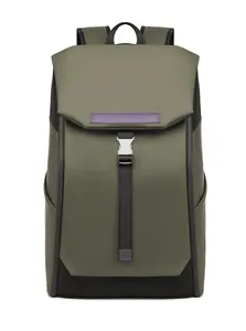Front view of army green waterproof backpack featuring silver buckles and purple accents