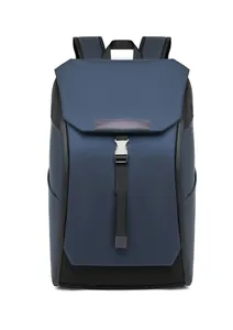 Close-up of waterproof fabric textures and metal buckle on navy business travel backpack