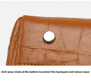 Detail of brown crocodile pattern bag featuring protective silver-tone bottom studs