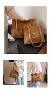 Detailed comparison of brown vintage shoulder bag in large and small sizes with clasp