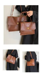 Detailed size comparison of two brown leather crossbody bags with golden twist locks