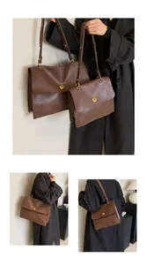 Size comparison of retro brown leather flap shoulder bags with gold twist locks