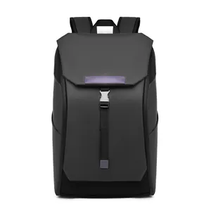 Minimalist black waterproof business backpack with purple webbing and metal buckle
