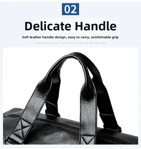Detalle de las asas de cuero reforzado y costuras finas de este bolso de viaje negro