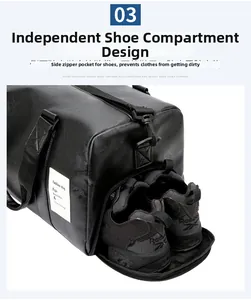 Primer plano de bolsa de viaje de cuero con compartimento lateral con cremallera para zapatos