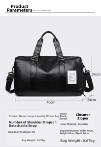 Detalle de bolsa de deporte de cuero PU negro impermeable con medidas de 40x24x24cm