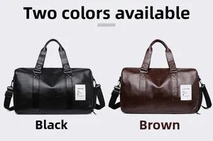 Detalle de bolsos de viaje de cuero PU impermeable negro y marrón con textura de grano