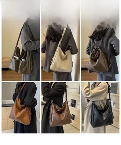 Collage of model wearing large capacity leather hobo bags in various colors for daily commute