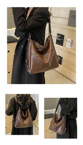 Detail of brown versatile bucket bag showing soft texture and adjustable straps