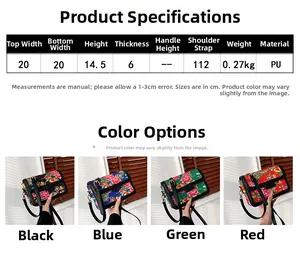 Detailed size chart and multi-color options for vintage Chinese floral pattern crossbody bags