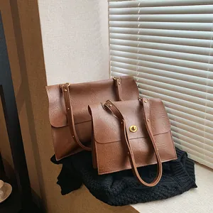 Retro brown wrinkled leather tote bag and crossbody bag with gold hardware minimalist style
