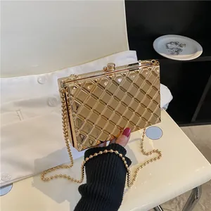 Damen Acryl Metallisch Hartschale Abendtasche Gold Silber Rautenmuster Clutch Umhängetasche Mit Kugelkettenriemen