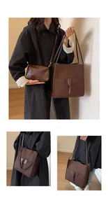 Detail of vintage brown tote set with elephant-shaped pocket and inner pouch