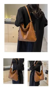 Detailed views of a brown retro PU leather tote bag showing side pockets and large capacity