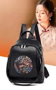 Detail showing high-quality waterproof black leather texture and vintage elephant pattern