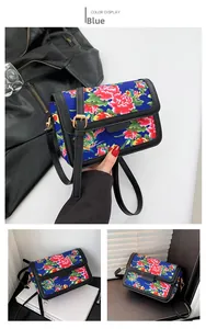 Detail of blue crossbody bag with red peony floral pattern and black leather trim