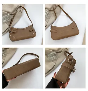 Vues détaillées d'un sac baguette rétro marron avec rivets et boucles métalliques