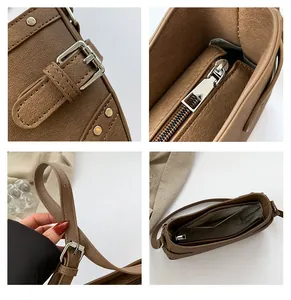 Détails du sac porté épaule en cuir PU marron avec garniture argentée et sangle réglable