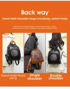 Detail showing versatile carrying ways with detachable woven strap on women's backpack