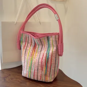 Damen Bunte Streifen Gewebt Eimertasche Segeltuch PU Leder Patchwork Kontrastfarbe Umhängetasche Mode Lässig Handtasche