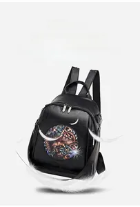 Detail of artistic elephant print on soft black leather backpack with knit straps