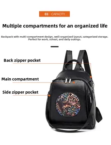 Detail view of black leather backpack with back zipper pocket and main capacity pocket