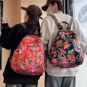 Ethnic style floral backpack with vibrant peony patterns for students and travel