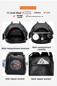 Detail view of black leather backpack showing interior compartments and 11-inch iPad storage